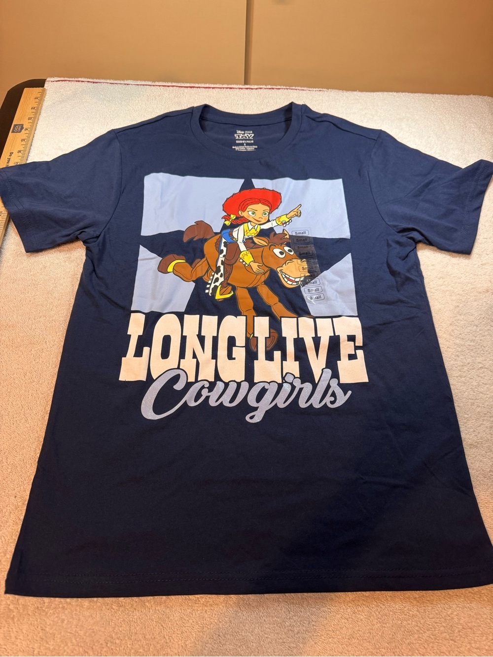 Womens Navy 'Long Live Cowgirls' Disney Toy Story Tshirt Size Small New w Tags